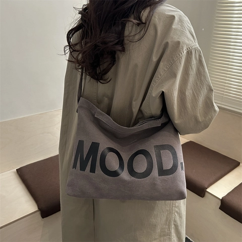 Dames Canvas Tote Tas Met Grote Capaciteit MOOD Letterprint Schouder Crossbody Tas Minimalistisch Dagelijks Handtas