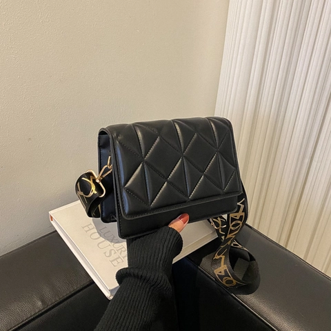 Fashion Quilted Rhombus Women Small Square Bag PU Leather Crossbody Bag Wide Printed Strap Gold Hardware Daily Satchel