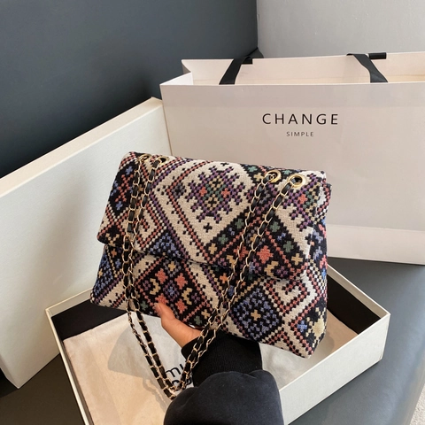 Damen Retro Ethno Geometrisches Plaid Unterarmtasche Canvas Web Jacquard Umhängetasche Mit Kette Magnetverschluss Alltag Tasche