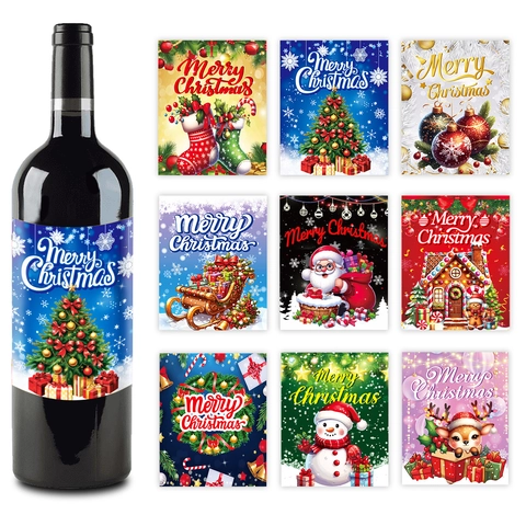 Autocollants pour Bouteilles de Vin Joyeux Noël Étiquettes Décoratives Auto-adhésives avec Design de Père Noël et Bonhomme de Neige