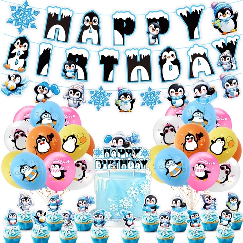 Ensemble de Décoration de Fête d'Anniversaire Pingouin d'Hiver Bannière Ballons en Latex Décorations de Gâteau