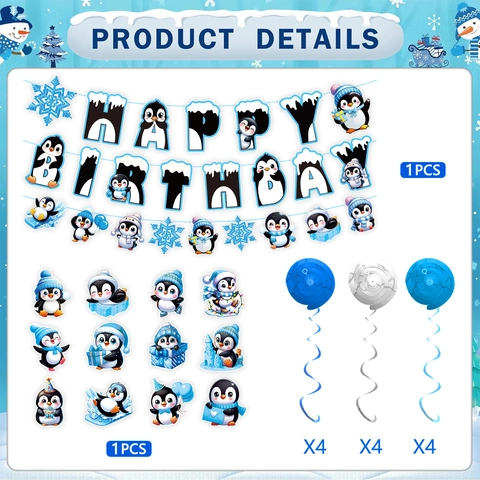 Décorations de Fête d'Anniversaire Pingouin Thème Hiver Neige Bannière Happy Birthday Spirales Suspendues pour Enfants