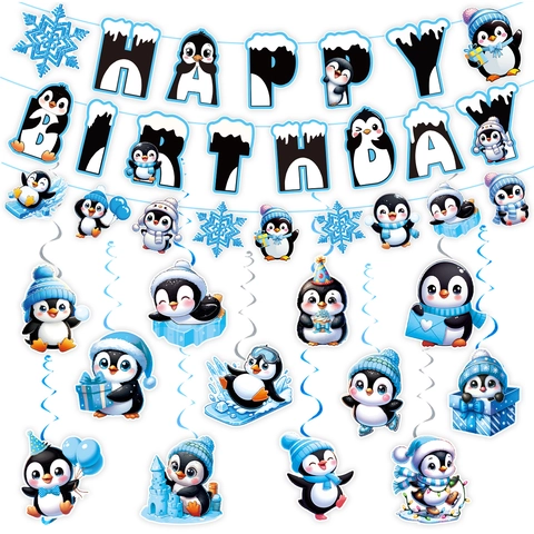 Décorations de Fête d'Anniversaire Pingouin Thème Hiver Neige Bannière Happy Birthday Spirales Suspendues pour Enfants