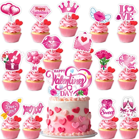 Fröhlichen Valentinstag Kuchenstecker Set Papier Herz Lippe Amor Für Romantische Party Dessert Dekoration Bedarf