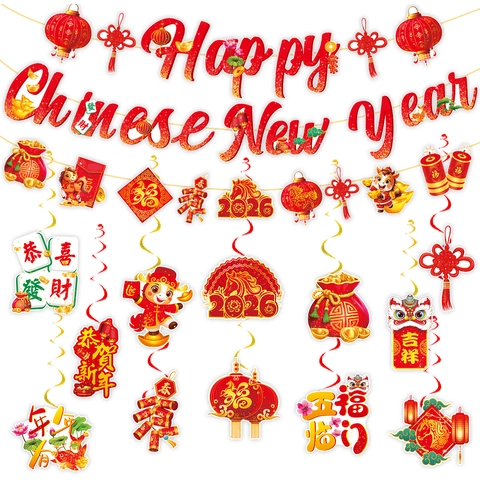 2026 Chinese New Year Party Decoration Set Year Of The Horse Alphabet Banner Hanging Swirls Red Gold Paper Garland For Home Party