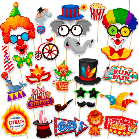 Accessori Foto Booth Circo Carnevale Decorazioni Festa Compleanno Pagliaccio Elefante Leone Baffi Cappello Occhiali Foto
