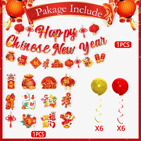 2026 Chinese New Year Party Decoration Set Year Of The Horse Alphabet Banner Hanging Swirls Red Gold Paper Garland For Home Party