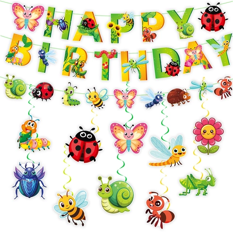 Insect Themed Birthday Party Decorations Set Happy Birthday Banner Cartoon Butterfly Dragonfly Bee Hanging Swirls Decor