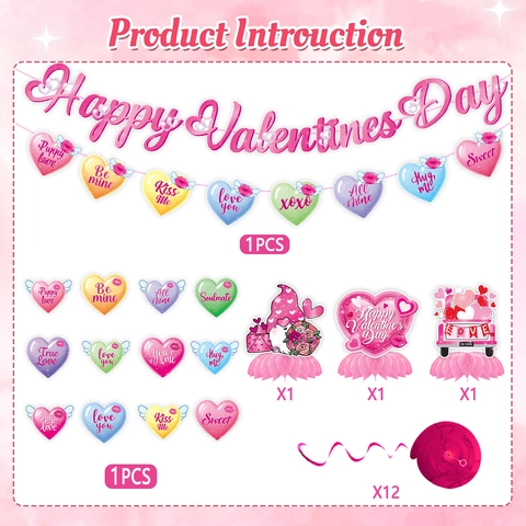 Happy Valentine's Day Banner Heart Hanging Swirls Honeycomb Centerpieces Cardboard Party Atmosphere Decoration Ornaments