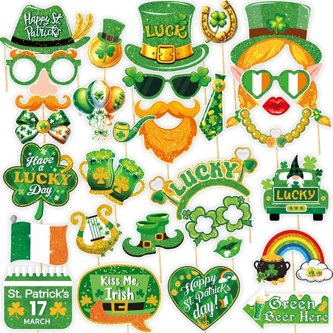 St Patrick's Day Foto-Requisiten Set Glückliches Kleeblatt Koboldhut Bart Brille Grün Gold Glitzer Party Deko Requisiten