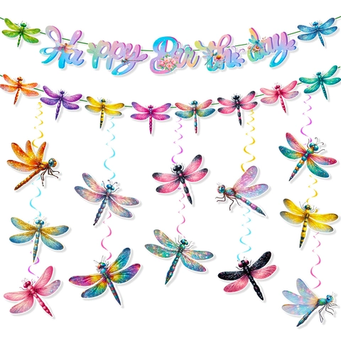 Dragonfly Birthday Party Decorations Colorful Happy Birthday Banner And Hanging Swirls Spring Garden Theme Supplies