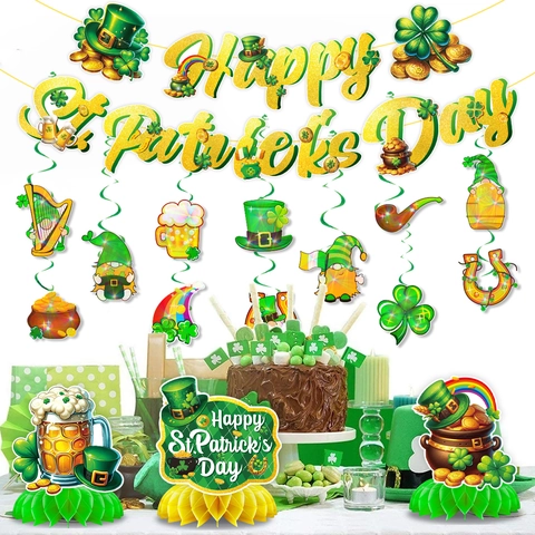Kit Décoration Fête Saint-Patrick Bannière Trèfle Pailleté Spirales Suspendues Centre Table Nid Abeille Ornement Irlandais