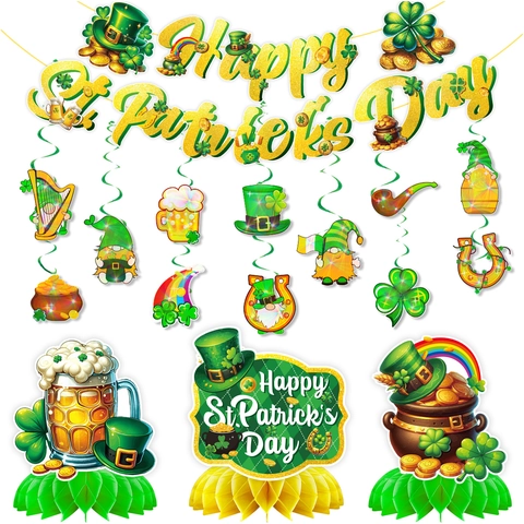 Glitter St Patrick Day Feest Decoratie Set Klaver Banner Hangende Slingers Honingraat Tafeldecoratie Ierse Festival Benodigdheden