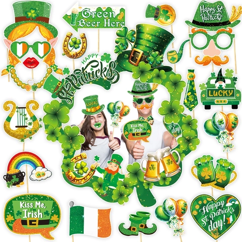 St Patrick's Day Foto-Requisiten Set Glückliches Kleeblatt Koboldhut Bart Brille Grün Gold Glitzer Party Deko Requisiten
