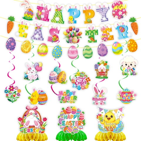 Decorazione per Festa di Pasqua Banner Lettere Buona Pasqua Ornamenti a Spirale Coniglio Uovo Centrotavola a Nido d'Ape