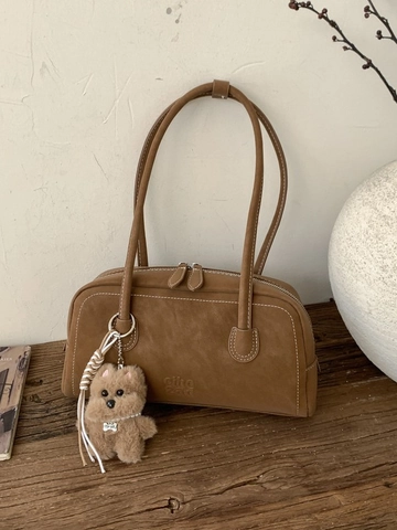 Borsa a Tracolla da Donna Retro in Pelle PU Con Pendente a Cane di Peluche Cuciture a Contrasto Grande Capacità Borsa Sottobraccio Vintage Boston Quadrata