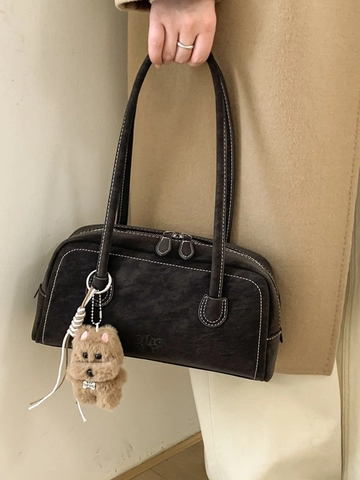 Borsa a Tracolla da Donna Retro in Pelle PU Con Pendente a Cane di Peluche Cuciture a Contrasto Grande Capacità Borsa Sottobraccio Vintage Boston Quadrata