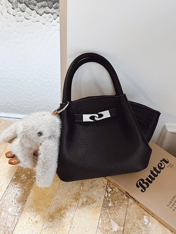Women Fashion PU Leather Basket Bag Trendy Lindy Style Handbag With Plush Rabbit Charm Crossbody Shoulder Bag Urban Minimalist