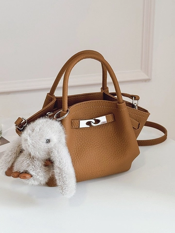 Women Fashion PU Leather Basket Bag Trendy Lindy Style Handbag With Plush Rabbit Charm Crossbody Shoulder Bag Urban Minimalist