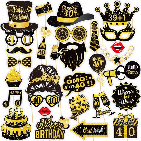 Accesorios De Fotomatón De Cumpleaños Oro Negro Para Fiesta De Aniversario De Adultos Máscara De Papel Con Palos De Bambú