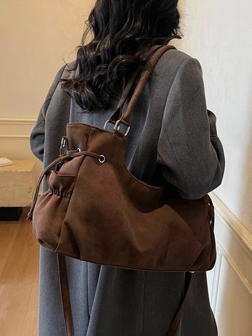 Bolso de Mano Vintage de Cuero PU para Mujer Gran Capacidad Minimalista Bolso de Hombro con Cordón y Correa Ajustable para Diario
