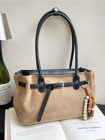 Women Retro Suede Large Capacity Tote Bag Vintage Shoulder Commuter Bag With Bead Pendant Solid Color Casual Handbag