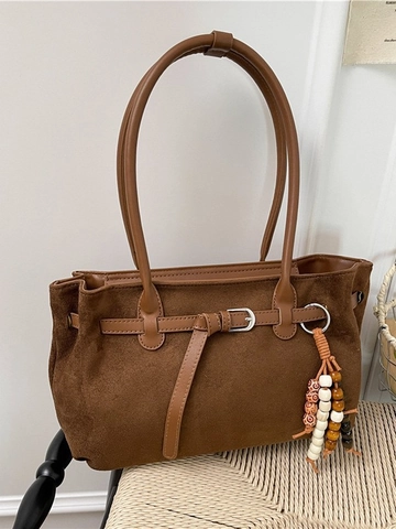 Women Retro Suede Large Capacity Tote Bag Vintage Shoulder Commuter Bag With Bead Pendant Solid Color Casual Handbag
