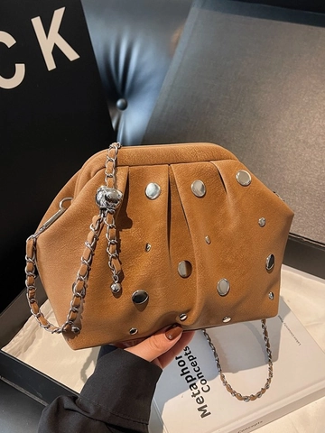 Borsa a Tracolla da Donna Stile Coreano Vintage in Pelle PU con Pieghe e Borchie Borsa a Mano con Tracolla a Catena Casual