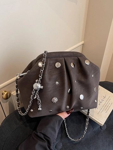 Borsa a Tracolla da Donna Stile Coreano Vintage in Pelle PU con Pieghe e Borchie Borsa a Mano con Tracolla a Catena Casual