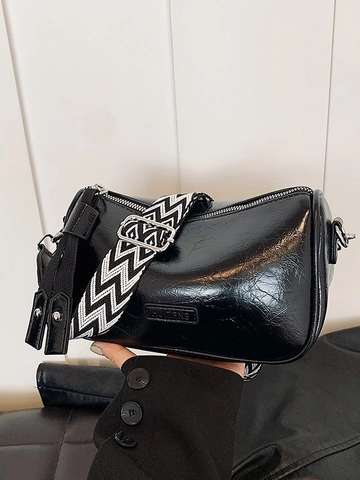 Damen Vintage Boston Schultertasche Retro Glänzend PU Leder Umhängetasche Mit Geometrischem Breitem Webband Kissen Handtasche