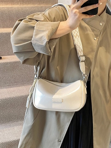 Damen Vintage Boston Schultertasche Retro Glänzend PU Leder Umhängetasche Mit Geometrischem Breitem Webband Kissen Handtasche