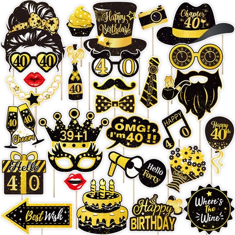 Accesorios De Fotomatón De Cumpleaños Oro Negro Para Fiesta De Aniversario De Adultos Máscara De Papel Con Palos De Bambú