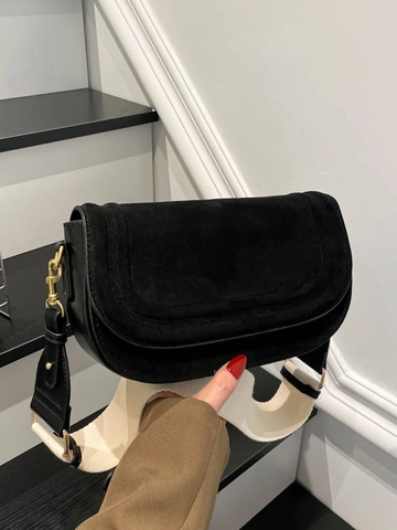 Minimalist PU Leather Saddle Bag For Women Retro Frosted Flap Shoulder Bag Solid Color Crossbody Bag With Dual Straps