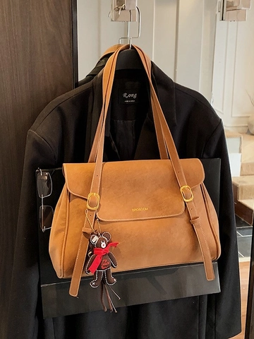 Women Casual PU Leather Tote Bag Contrast Stitching Large Capacity Shoulder Bag With Bear Pendant Urban Minimalist Handbag