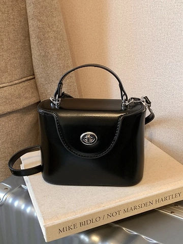 Women Retro Matte PU Leather Box Handbag Square Crossbody Bag With Silver Rotary Lock Top Handle Shoulder Bag Daily Fashion