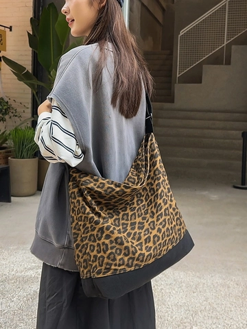 Borsa Tote in Tela di Grande Capacità con Stampa Leopardata e Camuffamento Borsa a Tracolla Casual Patchwork Minimalista Urbana da Donna