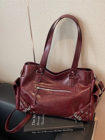 Borsa Tote in Pelle PU Lucida Vintage Grande Capacità Motociclista Punk Donna Borsa a Tracolla Con Rivetti Multitasche