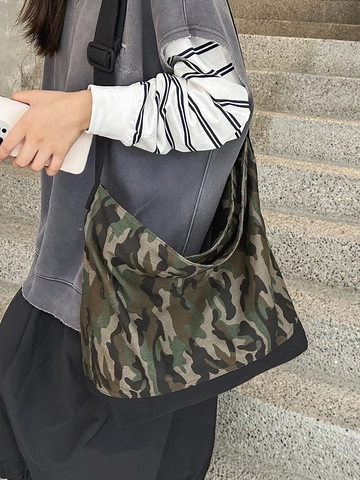 Borsa Tote in Tela di Grande Capacità con Stampa Leopardata e Camuffamento Borsa a Tracolla Casual Patchwork Minimalista Urbana da Donna