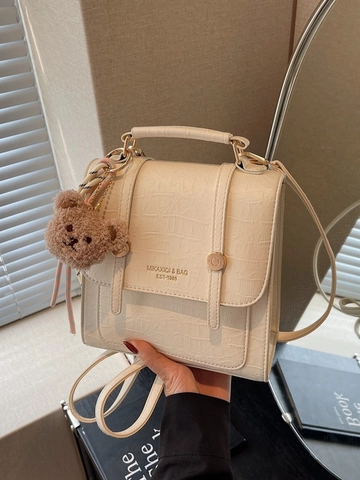 Mini Sac à Dos de Mode Femme Motif Crocodile Cuir PU Style Preppy Sac d'École Avec Pendentif Ours en Peluche Tendance Sac de Voyage