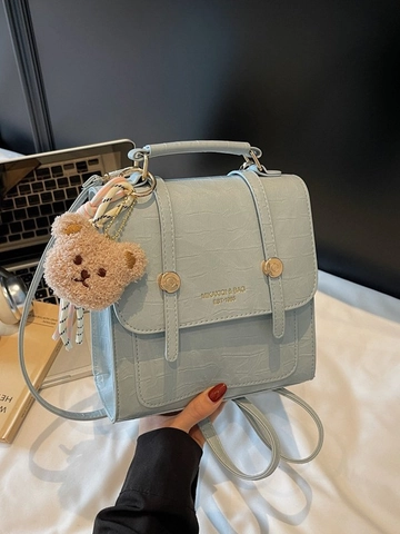 Mini Sac à Dos de Mode Femme Motif Crocodile Cuir PU Style Preppy Sac d'École Avec Pendentif Ours en Peluche Tendance Sac de Voyage