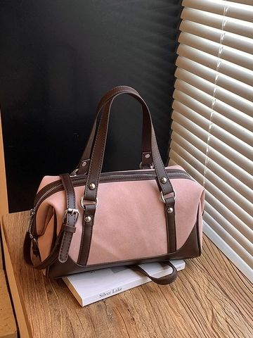Borsa Boston Vintage Patchwork in Pelle PU Smerigliata per Donna Grande Capacità Borsa a Tracolla Con Rivetti in Argento