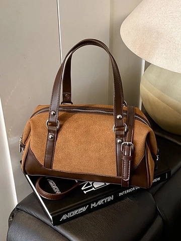 Borsa Boston Vintage Patchwork in Pelle PU Smerigliata per Donna Grande Capacità Borsa a Tracolla Con Rivetti in Argento