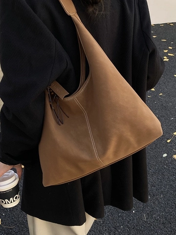 Borsa Hobo Donna Grande Capacità Opaca Retrò Cuciture a Contrasto Pelle PU Borsa a Spalla Tote Con Nappa in Legno