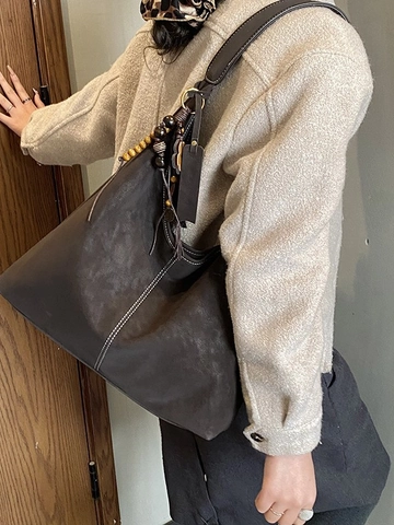 Borsa Hobo Donna Grande Capacità Opaca Retrò Cuciture a Contrasto Pelle PU Borsa a Spalla Tote Con Nappa in Legno
