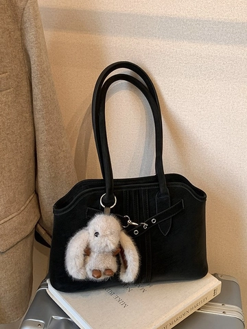 Borsa Sottobraccio Tote da Donna Retro Grande Capacità PU Textur Scamosciata Con Ciondolo a Coniglio in Peluche Doppi Spallacci Fodera in Poliestere