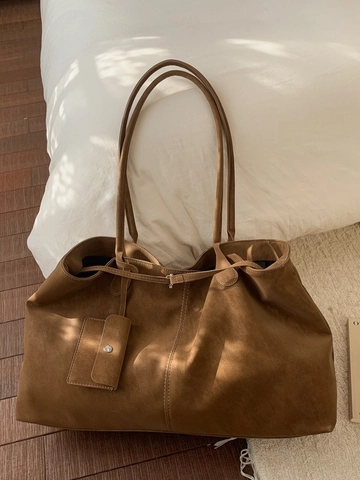Vintage Large Capacity PU Tote Bag Women Retro Suede Look Minimalist Shoulder Bag with Matching Pouch Commute Handbag
