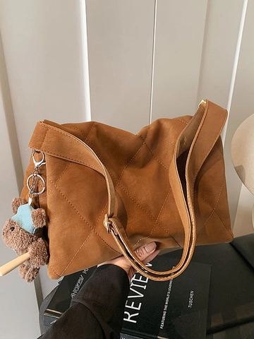 Borsa a Tracolla da Donna in Pelle PU di Grande Capacità Con Trapuntatura a Rombi Borsa Sottoascellare Con Ciondolo a Orsetto