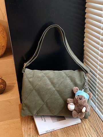 Borsa a Tracolla da Donna in Pelle PU di Grande Capacità Con Trapuntatura a Rombi Borsa Sottoascellare Con Ciondolo a Orsetto