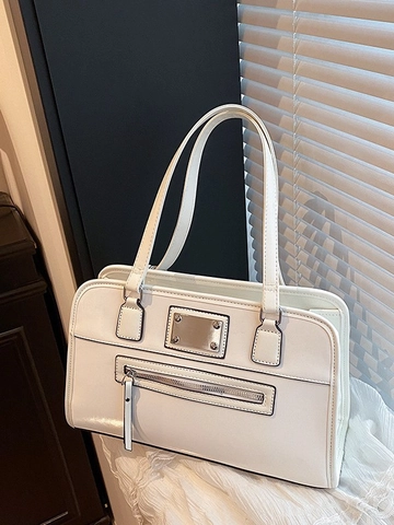 Retro Large Capacity PU Leather Shoulder Bag For Women Commute Tote With Contrast Stitching Solid Color Daily Fashion Bag