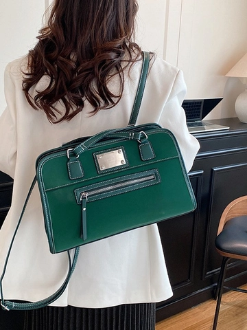 Retro Large Capacity PU Leather Shoulder Bag For Women Commute Tote With Contrast Stitching Solid Color Daily Fashion Bag